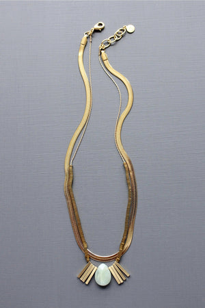 The DAVID AUBREY DOUBLE STRAND SNAKE CHAIN AND JADE ARTDECO PENDANT NECKLACE features two gold-tone layered chains, a large oval jade pendant, and four small gold rectangular accents, beautifully displayed on a gray background.