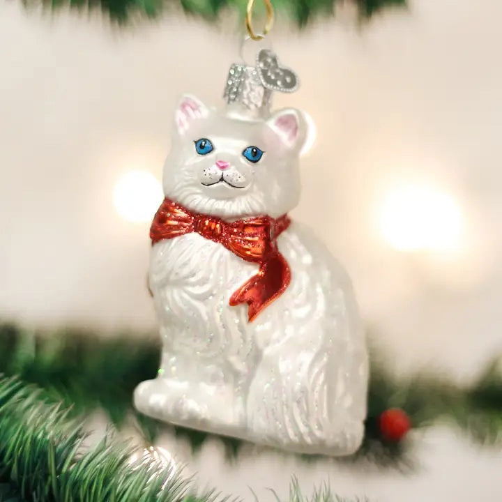 A PRINCESS KITTY ORNAMENT featuring a regal white cat wearing a red bow.