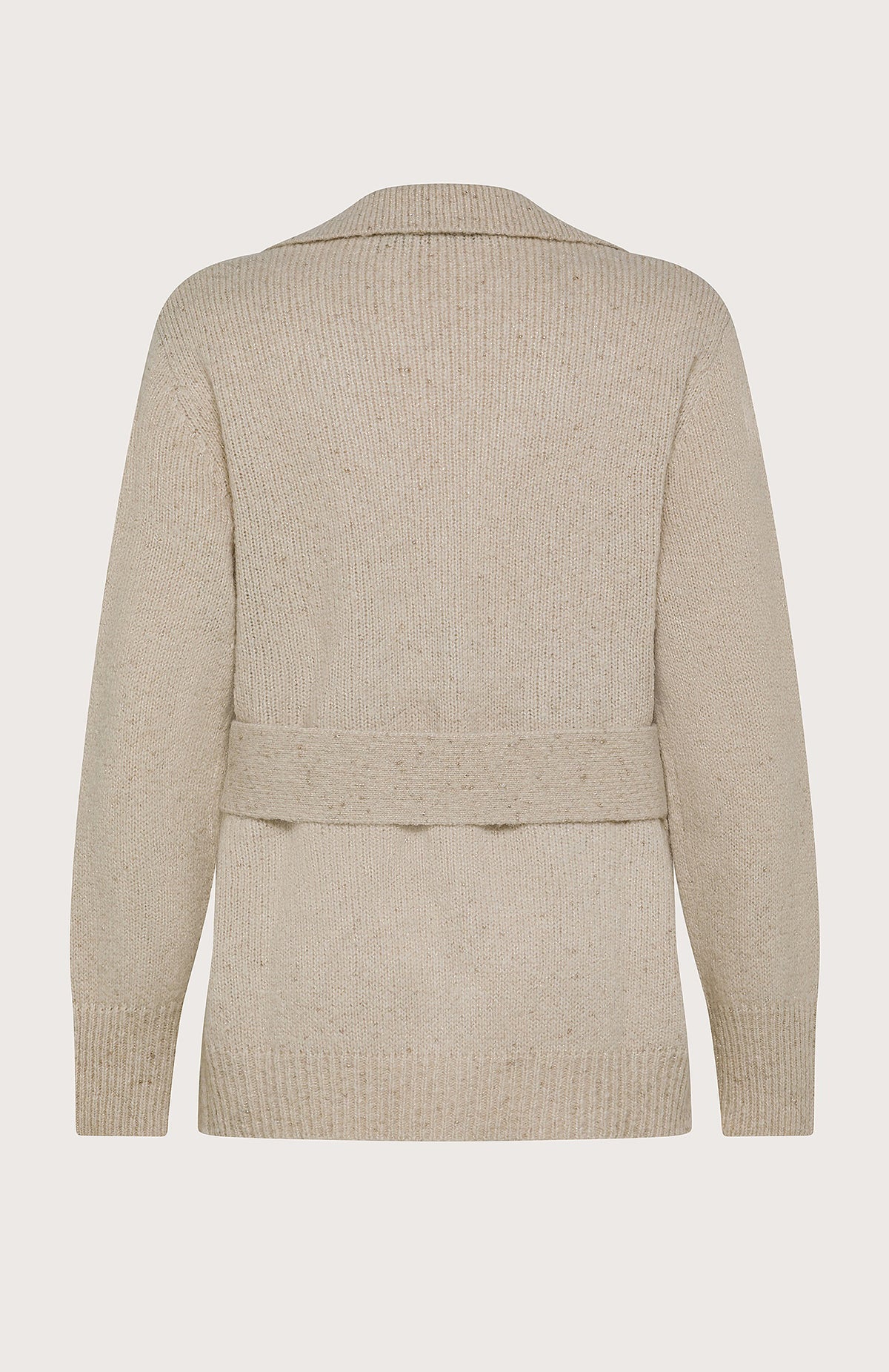 The SEVENTY VENEZIA - KNIT CARDIGAN by SEVENTY features a beige knit design with a notched collar, long sleeves, two front buttons, and a relaxed fit—an Italian-made versatile women’s piece for casual or semi-casual layering.