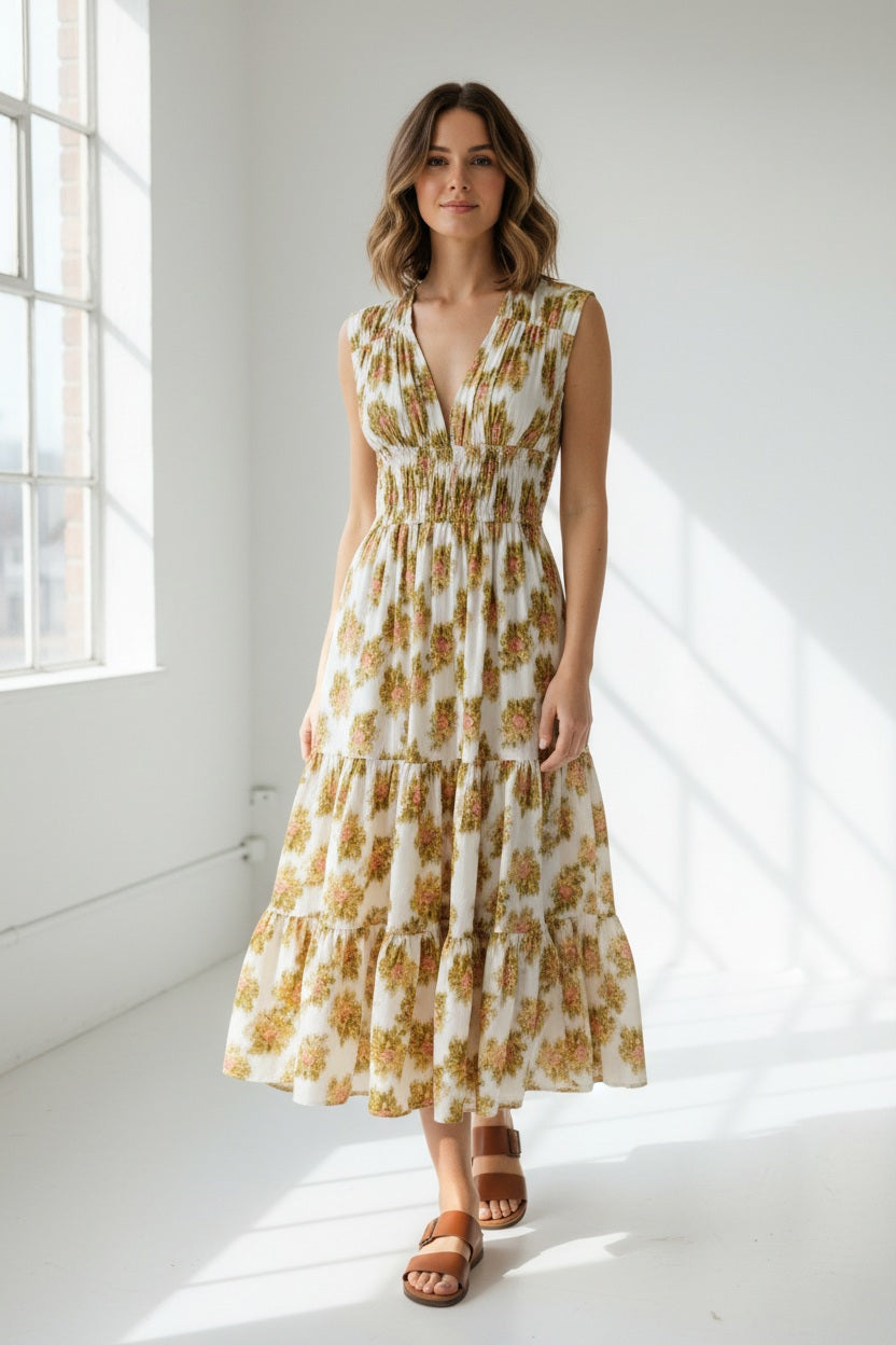 A woman stands against a plain light background wearing the HOPE FOR FLOWERS Tiered Peasant Maxi Dress in Pink Warped Ikat, a sleeveless, ankle-length dress with a shirred bodice and tiered skirt. She completes the look with brown sandals.
