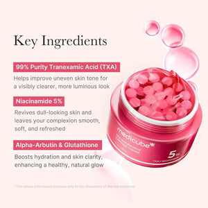 An open jar of GLOWISS MEDICUBE - TXA NIACINAMIDE CAPSULE CREAM shows pink capsules. Text highlights: reduces uneven skin tone, boosts clarity and glow with tranexamic acid. #PopandGlow #ImproveSkinClarity #RadiantGlassSkin.