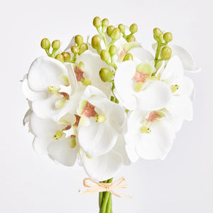 The NAPA HOME AND GARDEN - PHALAENOPSIS ORCHID STEM BUNDLE 6 features a bouquet of white orchids with pale pink centers and closed buds, tied with light brown twine. The realistic stems add elegance to home decor, beautifully arranged against a plain white background.