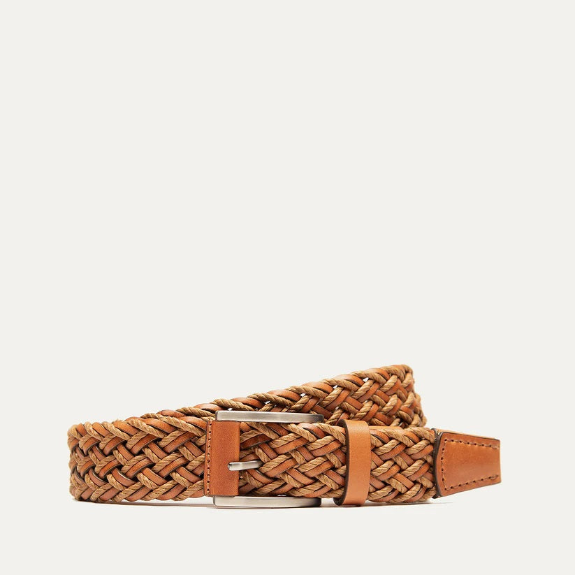 Close-up of the WILL LEATHER GOODS Leather Braided Wax Cord Belt in tan, featuring a handcrafted braided design with a solid leather tip, displayed on a plain white background.