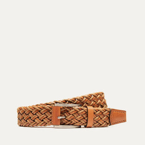 Close-up of the WILL LEATHER GOODS Leather Braided Wax Cord Belt in tan, featuring a handcrafted braided design with a solid leather tip, displayed on a plain white background.