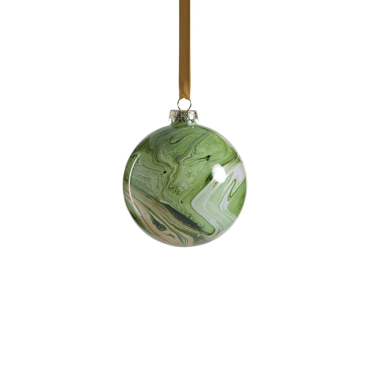 The ZODAX SOLID LUSTER WATERCOLOR GLASS ORNAMENT, featuring marbled green, white, and beige hues, hangs from a gold ribbon. This 4-inch holiday decoration is photographed against a plain white background.