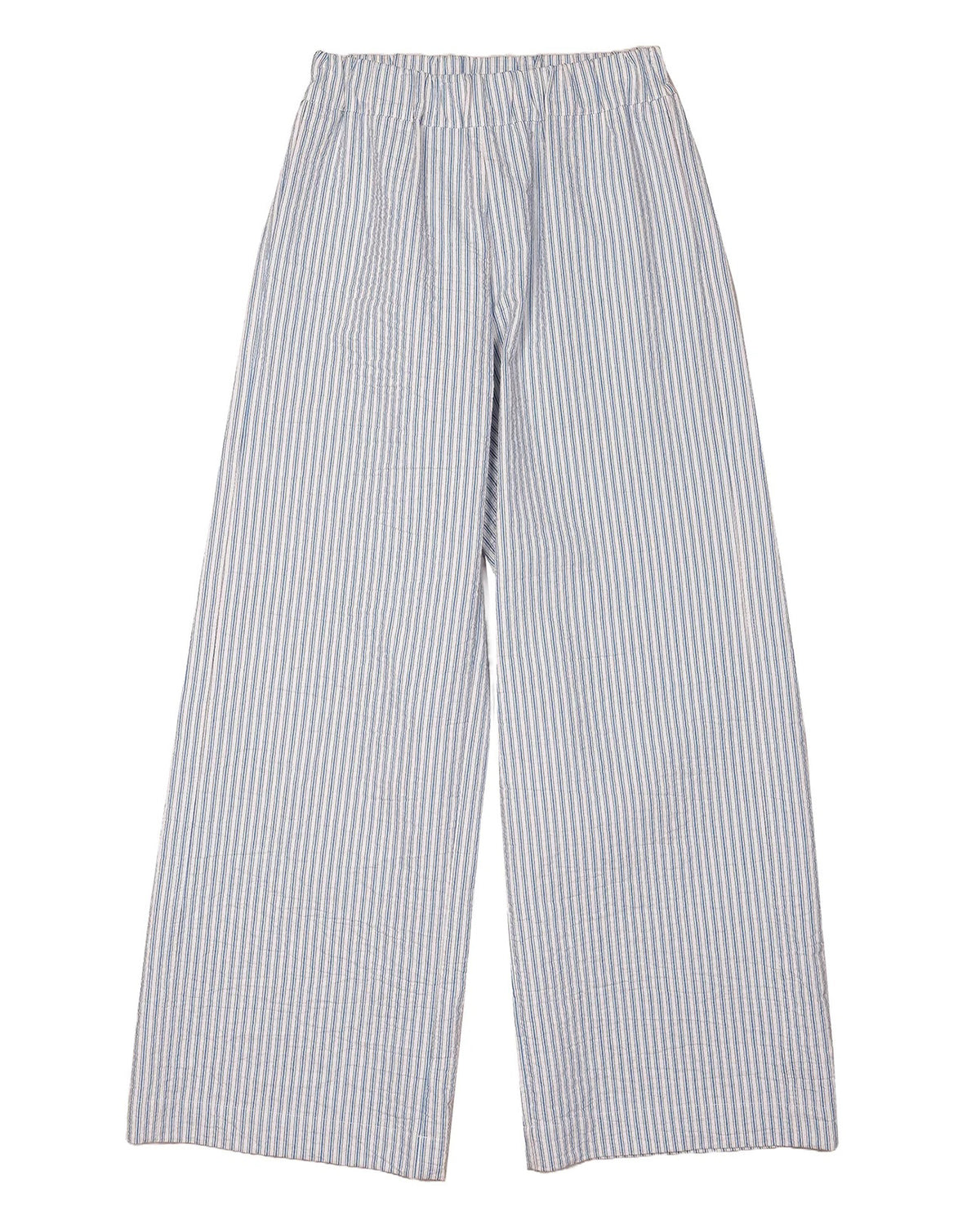 Introducing THE LITTLE PROJECT - CYRUS PANT IN PUCKERED STRIPE by THE LITTLE PROJECT, crafted from a luxurious Italian Rayon/Cotton blend with chic blue and white vertical stripes and an elastic waistband for ultimate comfort.