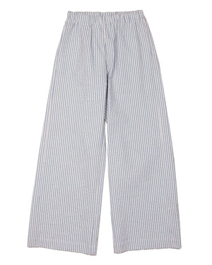 Introducing THE LITTLE PROJECT - CYRUS PANT IN PUCKERED STRIPE by THE LITTLE PROJECT, crafted from a luxurious Italian Rayon/Cotton blend with chic blue and white vertical stripes and an elastic waistband for ultimate comfort.