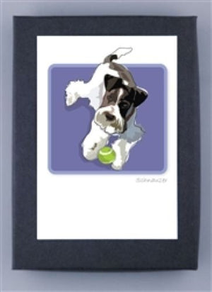 PAPER RUSSELLS - SCHNAUZER WITH TENNIS BALL BOX NOTES: Features a black and white schnauzer with a green tennis ball on a purple background, matted in black. Made in the USA on recycled paper cards.