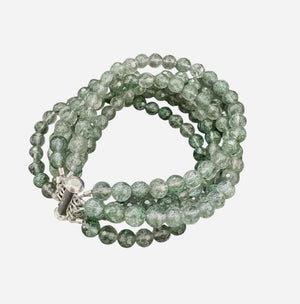 The ANN LIGHTFOOT "Five Strand Green Quartz Bracelet" features coiled, round translucent green beads with a crackled texture, fastened by a stainless steel clasp against a plain white background.