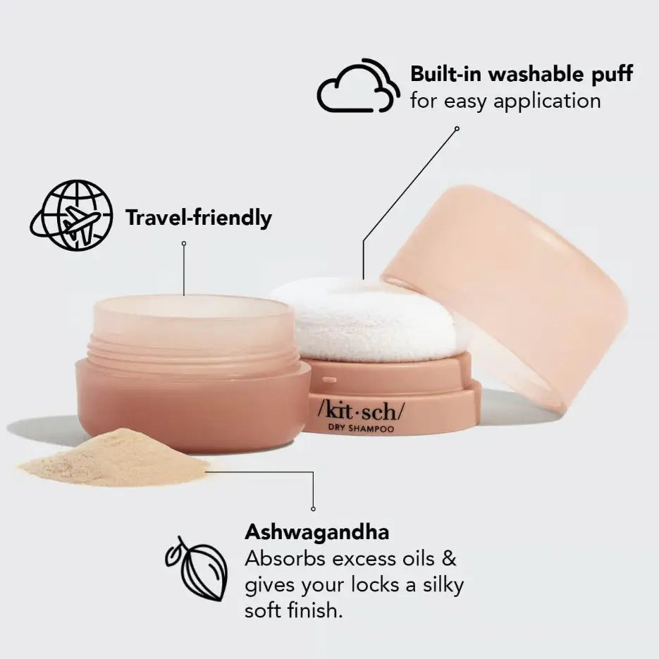 The image features the KITSCH - RICE WATER PROTEIN SHAMPOO BAR, a strength-enhancing solid shampoo infused with rice water protein. The packaging highlights its color-safe, pH-balanced, vegan benefits and repair properties for damaged hair, with a white box displaying black and peach text.