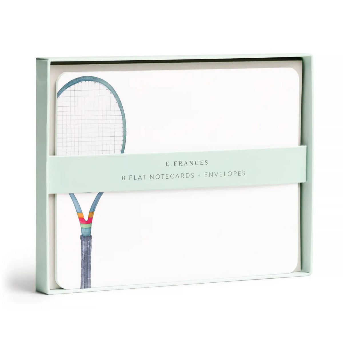 E. FRANCES - TENNIS FLAT NOTES by E. FRANCES PAPER: Boxed notecard stationery featuring a simple tennis racket handle and strings illustration in the lower left corner on white, includes matching envelopes.