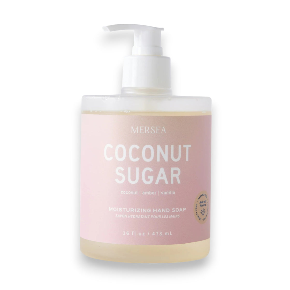 A clear 16oz MERSEA COCONUT SUGAR HAND SOAP bottle with a pink label, featuring coconut, vanilla, and sea minerals scents.