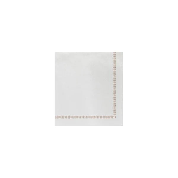 The VIETRI Fringe Cocktail Napkin, crafted from Italian spunlace, features a decorative green border on two adjacent sides forming a right angle. Ideal for cocktails, its design showcases evenly spaced vertical lines on a plain white background.