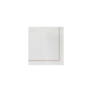 The VIETRI Fringe Cocktail Napkin, crafted from Italian spunlace, features a decorative green border on two adjacent sides forming a right angle. Ideal for cocktails, its design showcases evenly spaced vertical lines on a plain white background.