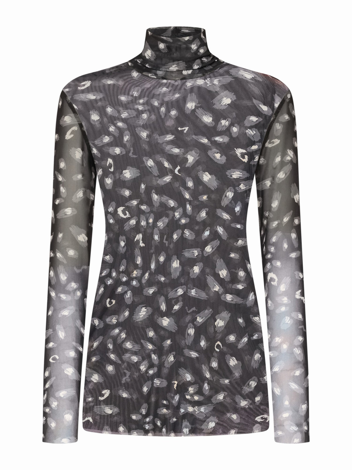 The FRANCO FERRARI - BALLET MESH TURTLENECK is a fitted, sheer mesh top with an abstract monochrome print of scattered light brushstroke spots, shown against a white background.