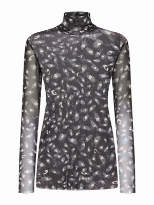 The FRANCO FERRARI - BALLET MESH TURTLENECK is a fitted, sheer mesh top with an abstract monochrome print of scattered light brushstroke spots, shown against a white background.