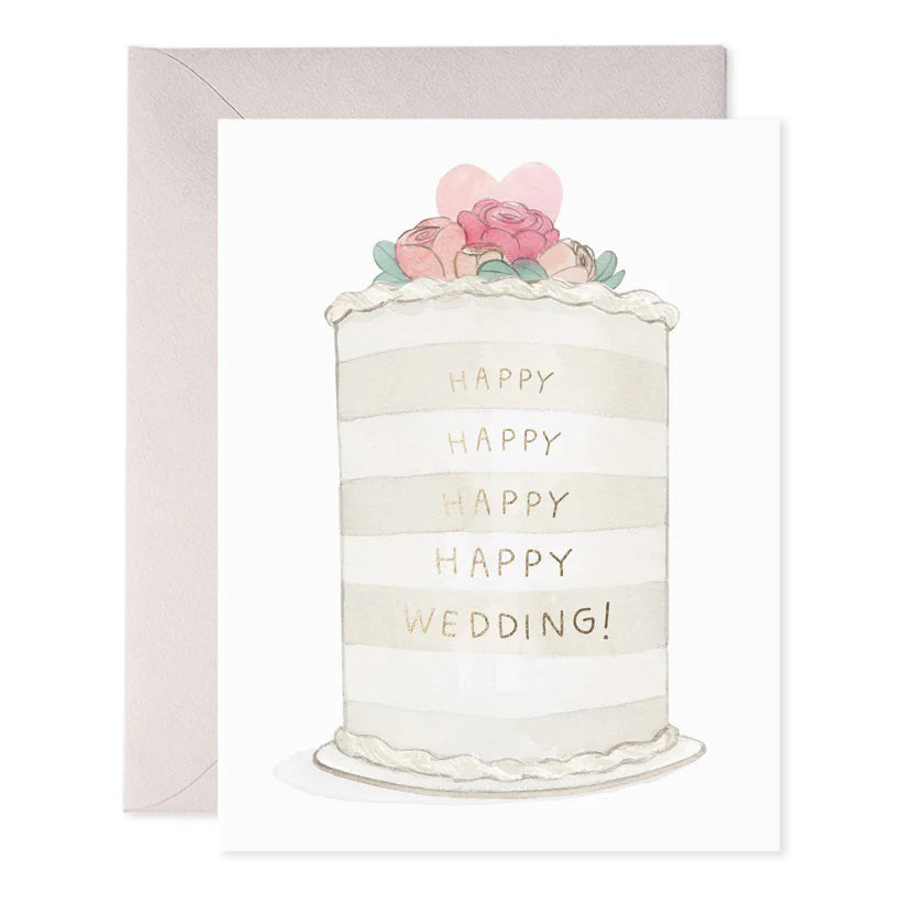 The E. FRANCES PAPER - FROSTED WEDDING GREETING CARD features a charming watercolor illustration of a tiered wedding cake with light and dark stripes, adorned with pink and peach roses around a heart, and inscribed with "HAPPY HAPPY HAPPY HAPPY WEDDING!" An envelope adds an elegant touch.