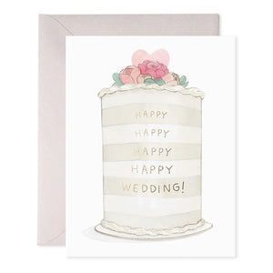 The E. FRANCES PAPER - FROSTED WEDDING GREETING CARD features a charming watercolor illustration of a tiered wedding cake with light and dark stripes, adorned with pink and peach roses around a heart, and inscribed with "HAPPY HAPPY HAPPY HAPPY WEDDING!" An envelope adds an elegant touch.
