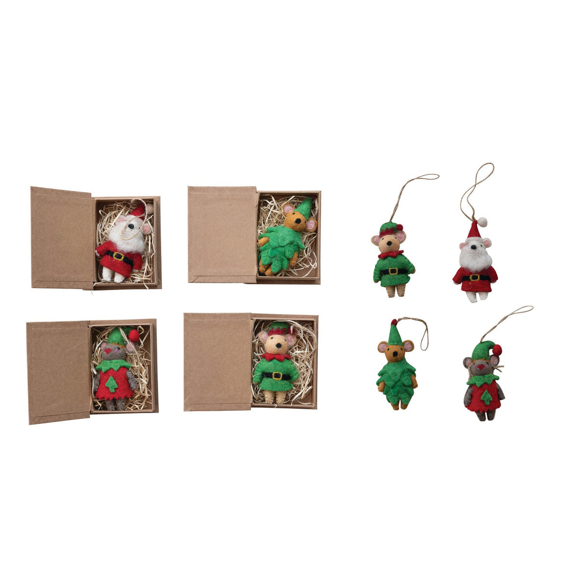 Four CREATIVE COOP FELT MOUSE IN BOX ORNAMENTS: each box contains two assorted mice dressed as elves, Santas, or Christmas trees. On the right, all eight ornaments are shown hanging individually.