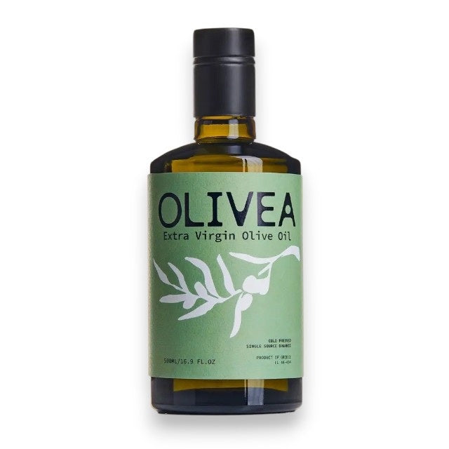 A bottle of OLIVEA - EVERYDAY HIGH PHENOLIC EXTRA VIRGIN OLIVE OIL, crafted from Greek olives and featuring a green label adorned with an olive branch illustration, is set against a plain white background. This USDA Certified Organic product from OLIVEA ensures purity and exceptional flavor in every drop.