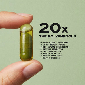 A green jar labeled "OLIVEA - EVOO & HYDROXYTYROSOL SUPPLEMENT, 20 MG," with a black lid, stands on a white background. Produced by OLIVEA, this high-phenolic olive oil supplement is specially formulated with hydroxytyrosol to help support cardiovascular health.