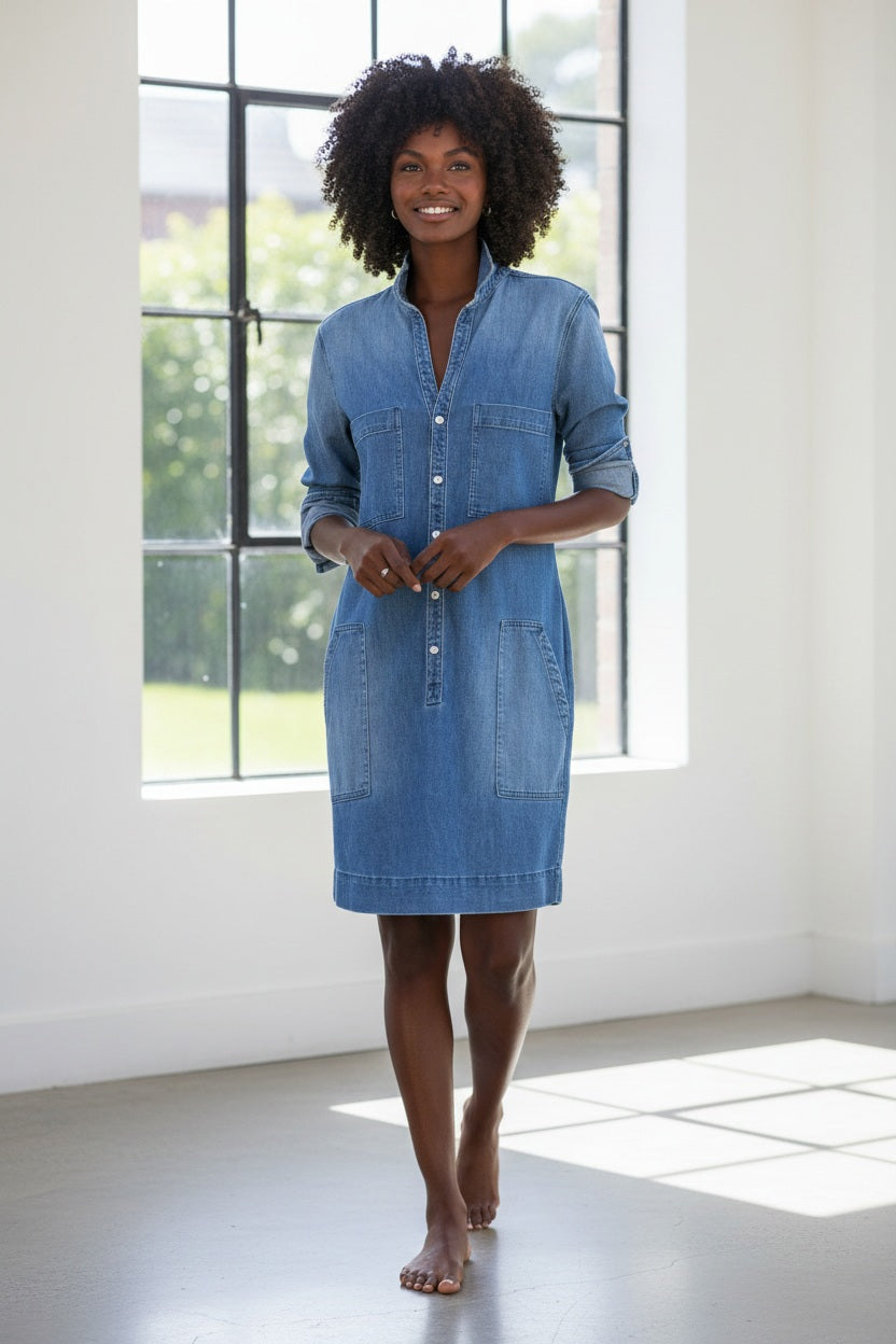 A woman with curly hair stands outdoors on stone steps, wearing the FRANK & EILEEN Ireland Utility Dress in Italian Dream Light Denim 1968 Wash. The dress features long sleeves with rolled cuffs and six functional patch pockets on the back. She is surrounded by lush greenery and trees.