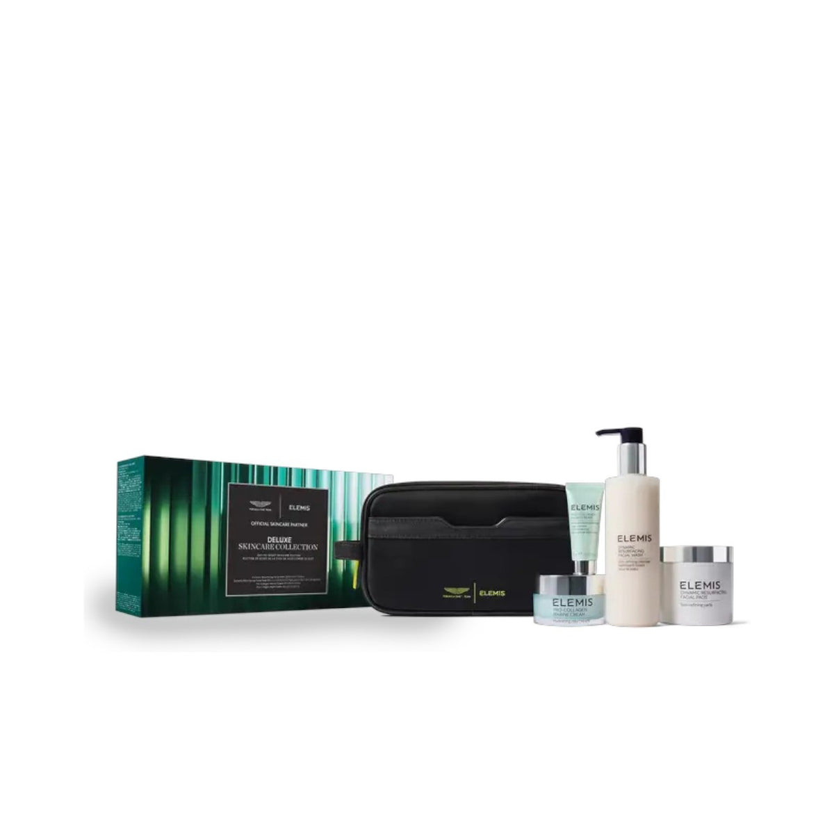 The ELEMIS – ASTON MARTIN DELUXE SKINCARE COLLECTION by ELEMIS – STEINER features a green gift box, black toiletry bag, and four luxury skincare products—including the Dynamic Resurfacing Facial Wash—against a white background.