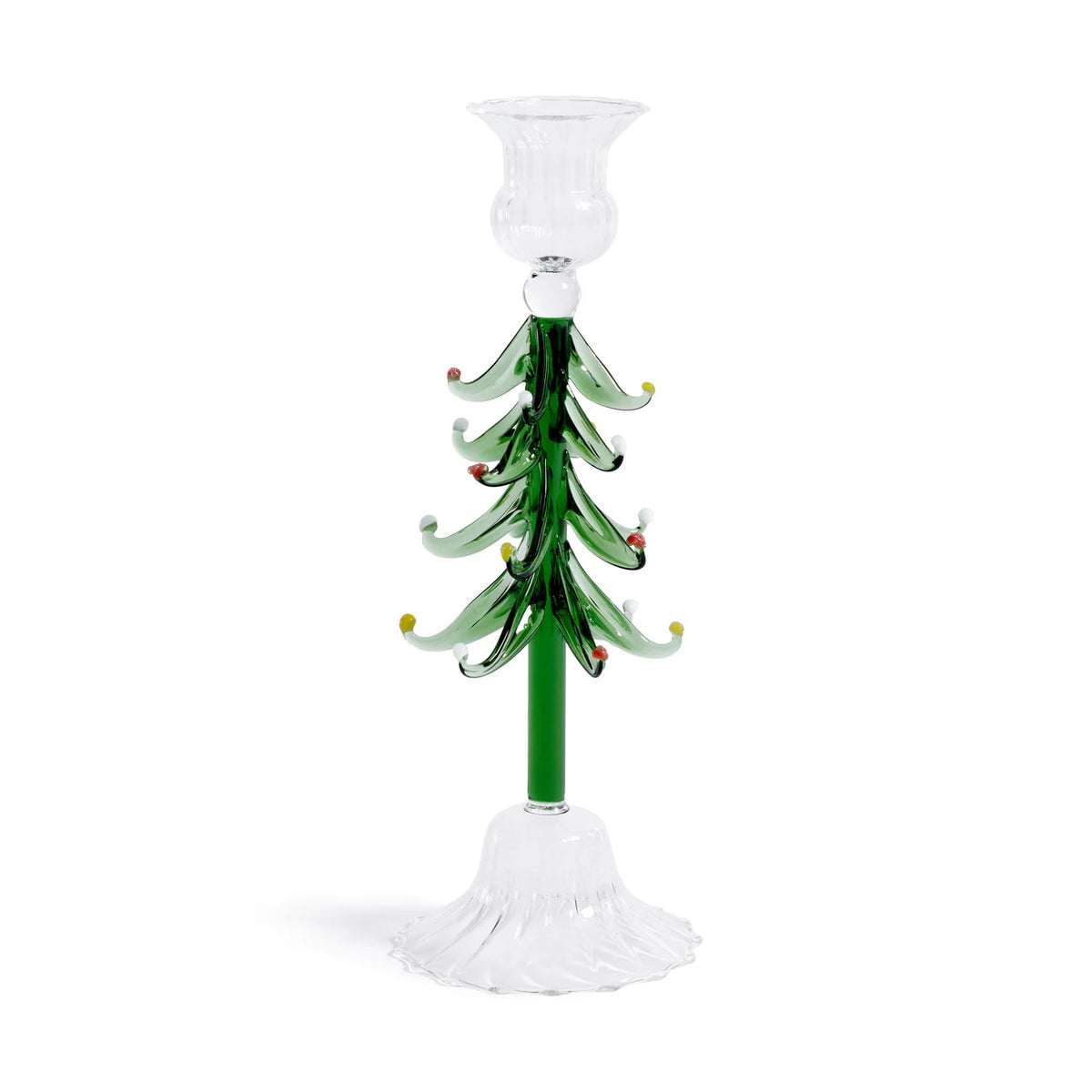 The ZODAX HOLIDAY TREE GLASS TAPER HOLDER features green branches and colorful ornaments on a clear, textured base. Measuring 8.26 x 23.5 cm, it’s a charming holiday accent for your home.