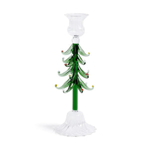 The ZODAX HOLIDAY TREE GLASS TAPER HOLDER features green branches and colorful ornaments on a clear, textured base. Measuring 8.26 x 23.5 cm, it’s a charming holiday accent for your home.