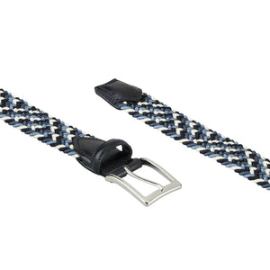 ATHISON - BRAIDED RAYON STRETCH BELT IN ACQUA by ATHISON: a blue, navy, and white stretch braided belt with silver buckle and dark leather tip.