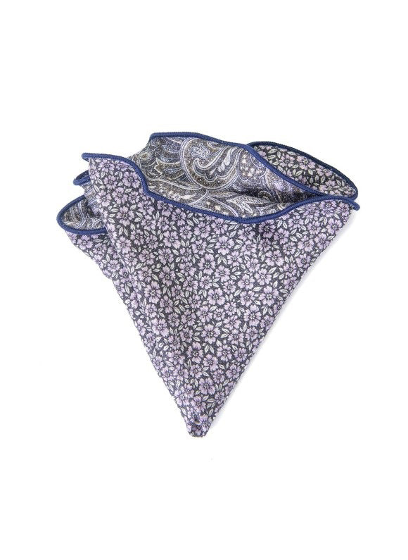The EDWARD ARMAH Silk Reversible Pocket Circle features an intricate charcoal paisley design, offering elegant versatility from a renowned brand.