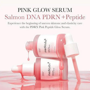 A pink-tinted dropper bottle labeled "GLOWISS MEDICUBE - SALMON DNA PDRN PINK PEPTIDE SERUM" is shown with pink liquid drops. The 30ml serum targets uneven skin tone and boosts elasticity.