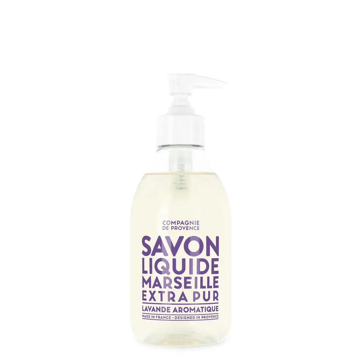A clear pump bottle of CIE LUXE BRANDS COMPAGNIE DE PROVENCE SAVON LIQUIDE DE MARSEILLE LAVENDER 10OZ with purple text, enriched with botanical oils for a gentle, authentic Marseille soap experience.