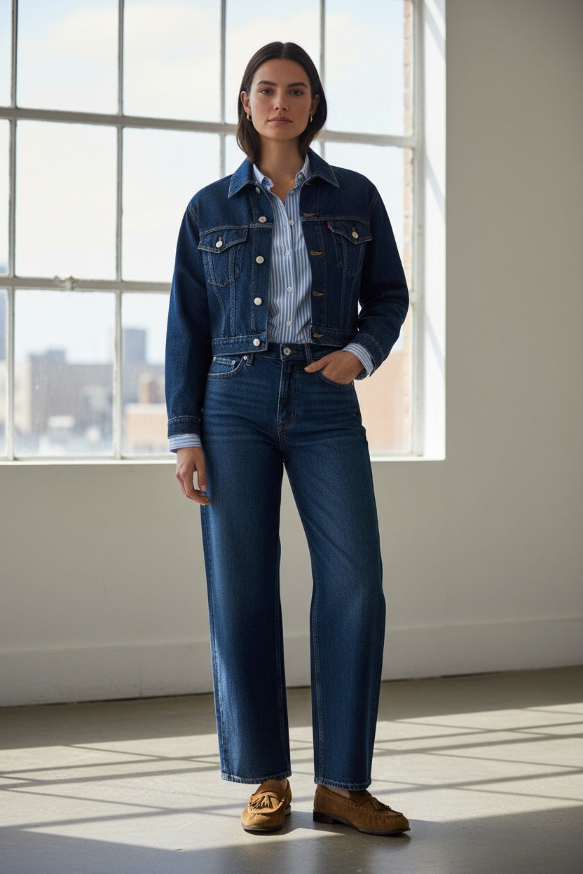 A person wearing SPANX BARREL LEG JEANS by SPANX in dark blue, paired with a light blue rolled-up sleeve shirt and brown moccasin loafers, shown from the back.