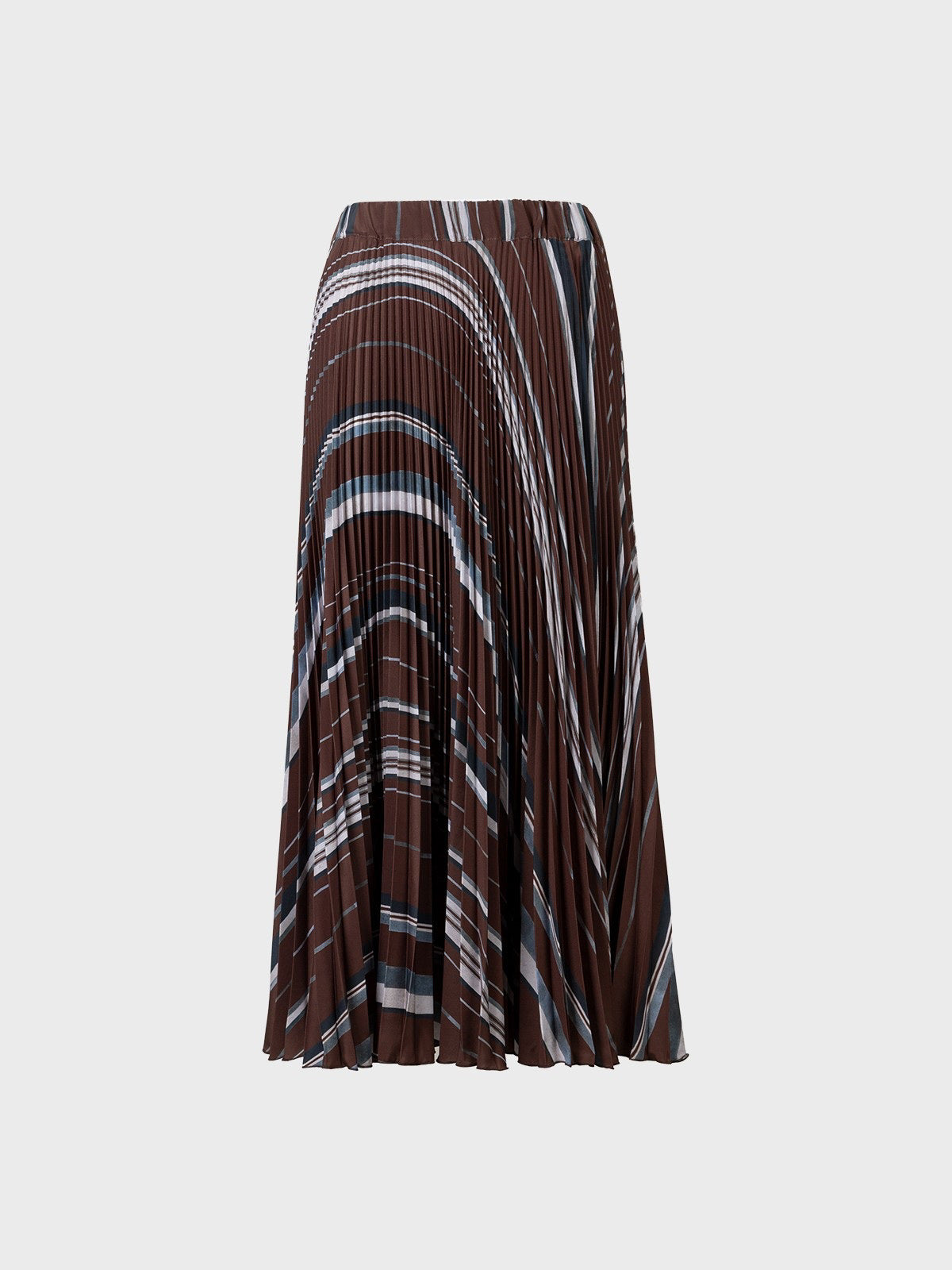 The SANDRO FERRONE - PLEATED MAXI SKIRT features brown pleats with an abstract white and black striped pattern, crafted in Italy and shown against a plain light gray background.