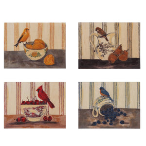 The HAND-PAINTED WALL ART ON WOOD - BIRD ON DISH WITH FRUIT by CREATIVE COOP features a small brown bird on a floral dish beside three pears, with striped background—perfect rustic decor for your home.