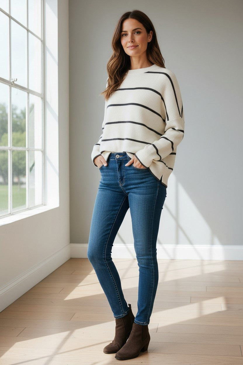 A woman stands indoors by large windows, wearing the & ISLA - LOFTY Oversized Stripe Sweater in Ivory/Charcoal from & ISLA, paired with blue jeans and brown ankle boots. She has long brown hair and smiles softly, her hands in her pockets.