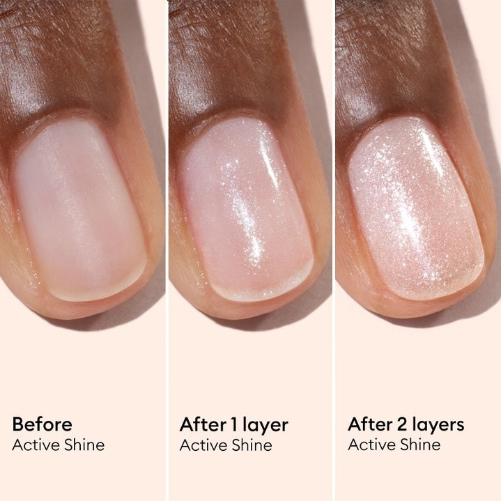 MANUCURIST - ACTIVE™ SHINE TREATMENT POLISH by MANUCURIST INC is a shimmery pink nail treatment polish formulated with beetroot extract for hydrating and providing antioxidant care to nails, AHAs to restore and harden, and hexanal to help strengthen them. The product contains 79.5% plant-based ingredients.