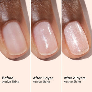 MANUCURIST - ACTIVE™ SHINE TREATMENT POLISH by MANUCURIST INC is a shimmery pink nail treatment polish formulated with beetroot extract for hydrating and providing antioxidant care to nails, AHAs to restore and harden, and hexanal to help strengthen them. The product contains 79.5% plant-based ingredients.
