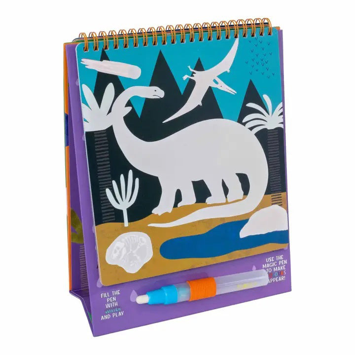 A vibrant, spiral-bound "Floss and Rock - Dino Easel Watercard and Pen" featuring dinosaur illustrations and a reusable water pen. The cover showcases various dinosaurs and foliage against a lively background. This eco-friendly toy by Floss &amp; Rock is suitable for ages 18 months and older.