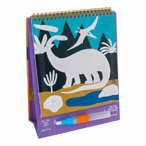 A vibrant, spiral-bound "Floss and Rock - Dino Easel Watercard and Pen" featuring dinosaur illustrations and a reusable water pen. The cover showcases various dinosaurs and foliage against a lively background. This eco-friendly toy by Floss & Rock is suitable for ages 18 months and older.