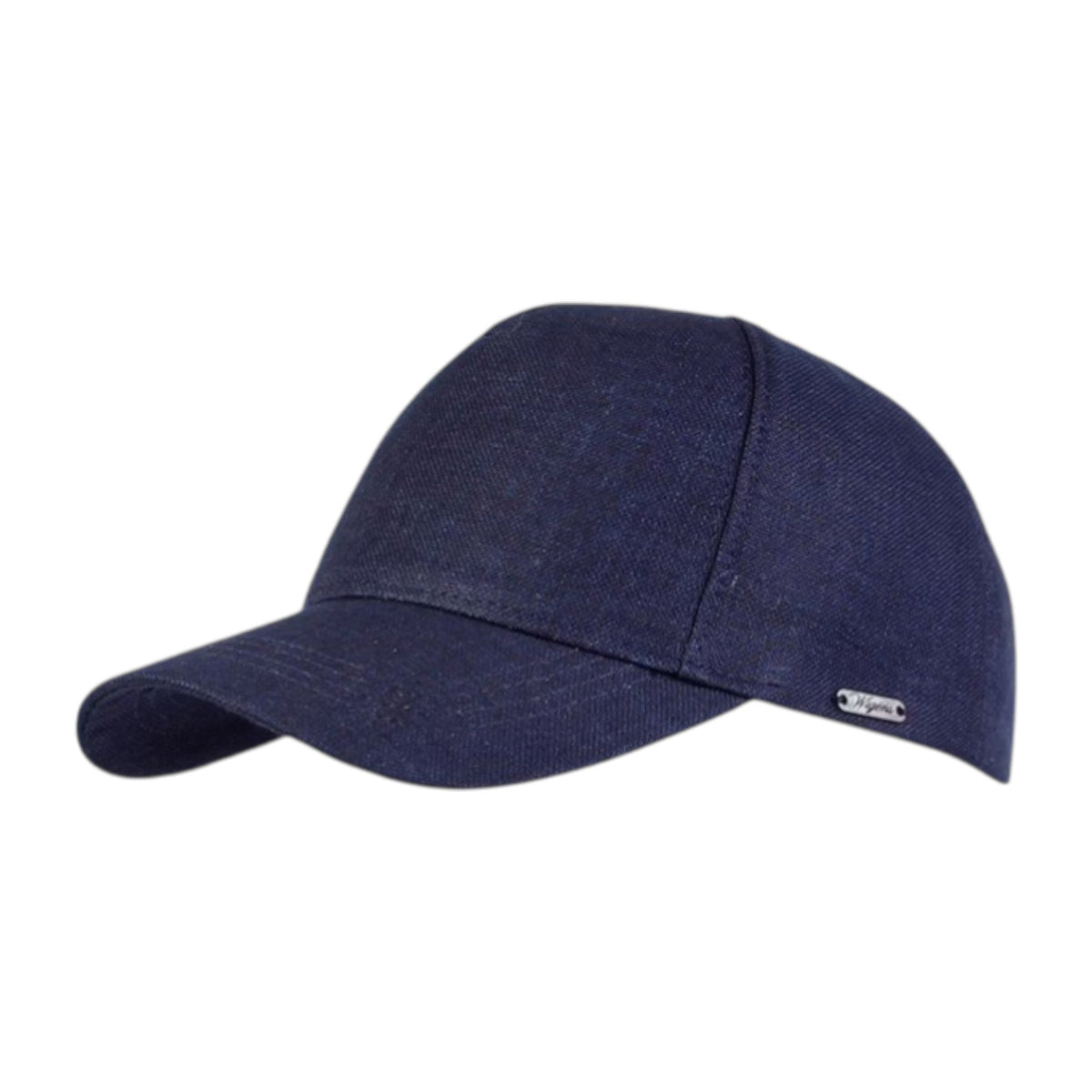 The WIGENS - CONTEMPORARY LINEN BASEBALL CAP IN NAVY features a curved brim, small metallic side tag, and is crafted from dark blue linen for sun protection—ideal for summer. Shown against a white background. Brand: WIGENS.
