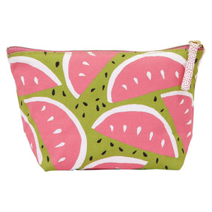 The ROCKFLOWERPAPER - WATERMELON PARTY POUCH by ROCKFLOWERPAPER is a cotton canvas organizer with a green background, playful pink watermelon slices, white rinds, black seeds, a pink zipper, and a white pull tab with pink dots.