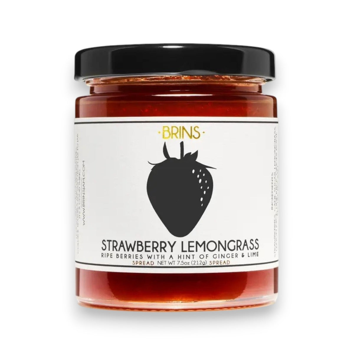 A 7.5 oz jar of BRINS - STRAWBERRY LEMONGRASS SPREAD with a black lid, featuring a label with a black strawberry graphic and product description highlighting ripe berries, ginger, and Thai lemongrass, crafted from natural ingredients.