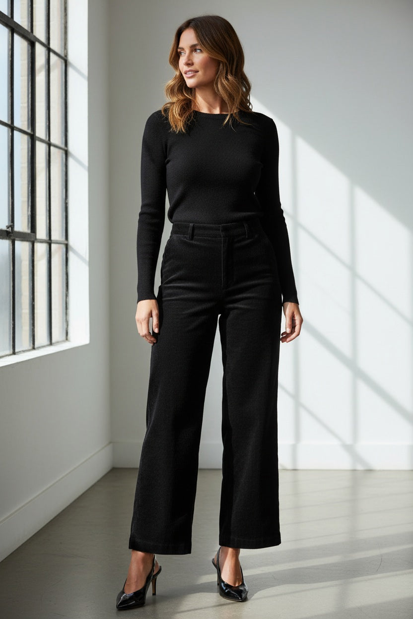 A woman poses against a plain background wearing the SPANX - CORDUROY WIDE LEG JEAN IN BLACK, paired with a fitted black long-sleeve top, black belt, and black heels, her hands in her pockets and expression neutral.