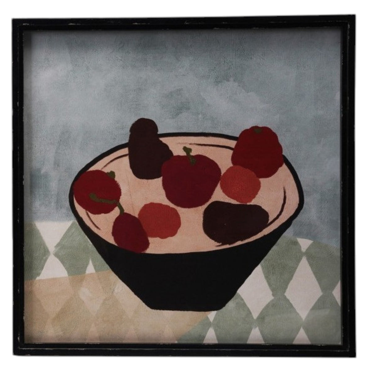 The CREATIVE COOP WOOD-FRAMED ABSTRACT WALL ART WITH FRUIT set features two pieces—one with a yellow background and pedestal bowl, the other with a blue background—an ideal modern decor accent.