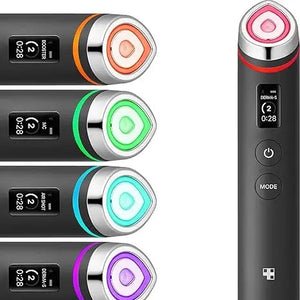 The MEDICUBE AGE-R Booster Pro by Asian Beauty Wholesale is a stylish black handheld skincare device with a small digital display and buttons. It features five interchangeable tips with colorful rings: orange, green, blue, purple, and red. The display shows "2" and "0:28" for accurate electroporation settings.