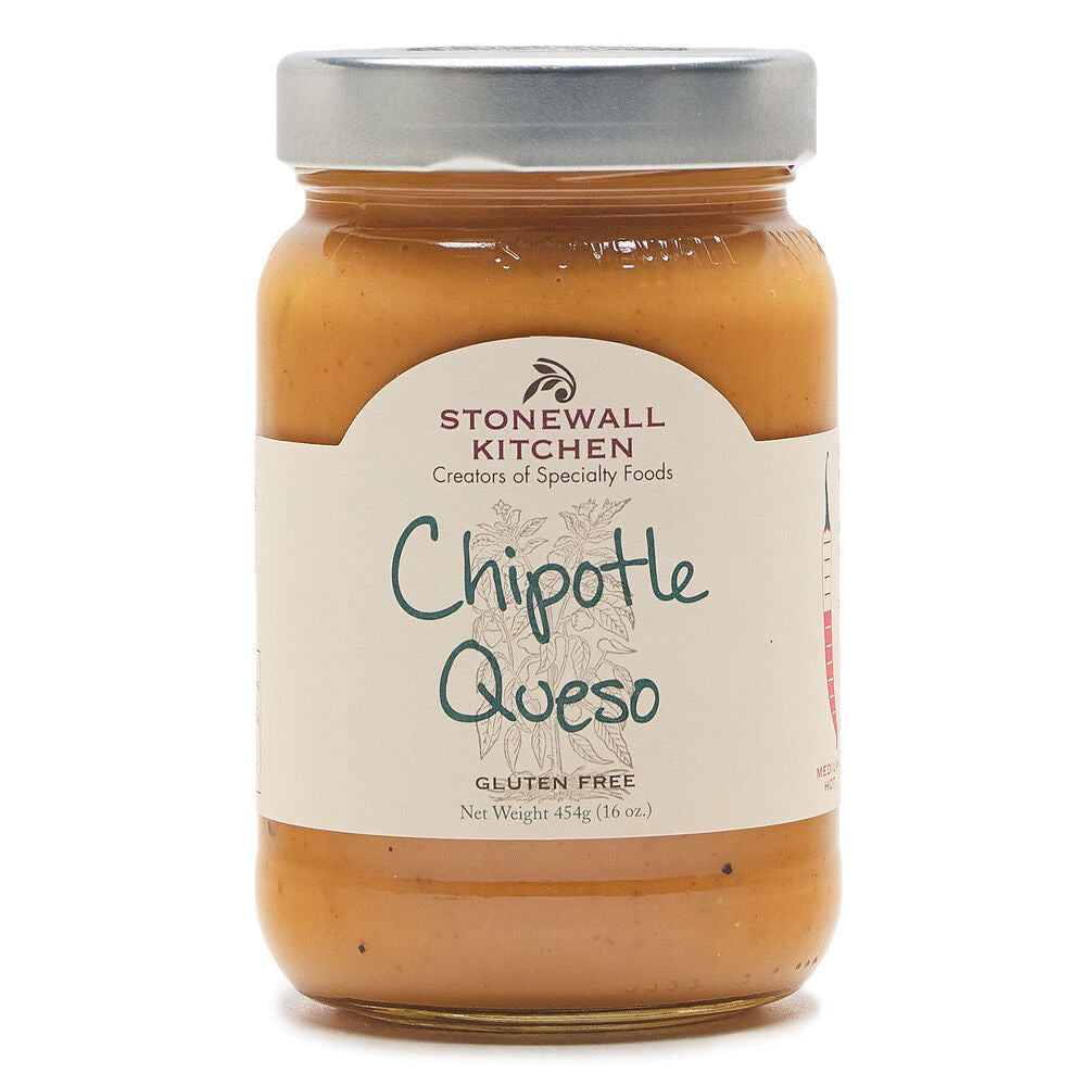 A jar of STONEWALL KITCHEN - CHIPOTLE QUESO, an ideal Tex-Mex dip, is featured. The jar comes with a silver lid and a white label adorned with green and brown text. The label reads "STONEWALL KITCHEN Creators of Specialty Foods Chipotle Queso Gluten Free." The jar contains 16 ounces (454 grams).