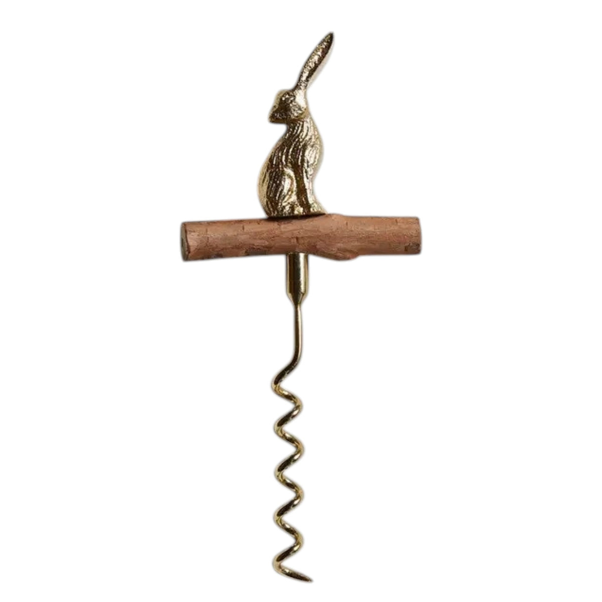 A bottle of wine with a golden foil sits beside the BE HOME - HARE CORKSCREW by BE HOME, INC, featuring a brass rabbit-shaped handle and wooden grip on a light wood surface—an elegant gift for any hostess.