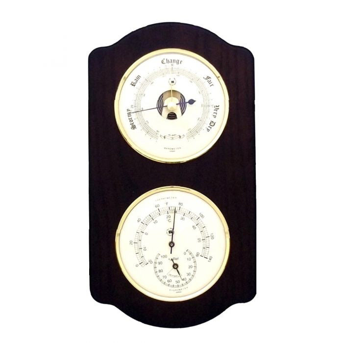 The BEYBERK INTERNATIONAL BAROMETER AND THERMOMETER WITH HYGROMETER is a vintage wall-mounted weather station with a dark wood finish, featuring barometer, thermometer (Celsius &amp; Fahrenheit), and hygrometer dials.